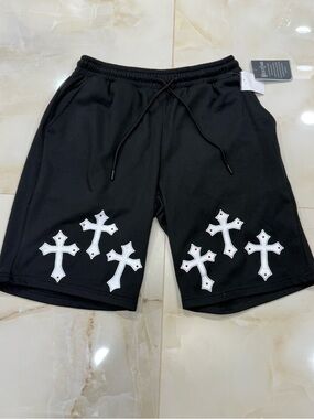Black Men's Athletic Drawstring Shorts with White Cross Accents